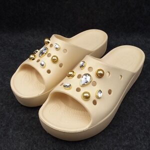 Crocs Embellished Slides Sandals Rhinestone Gold Accents Comfort Beige‎ W10